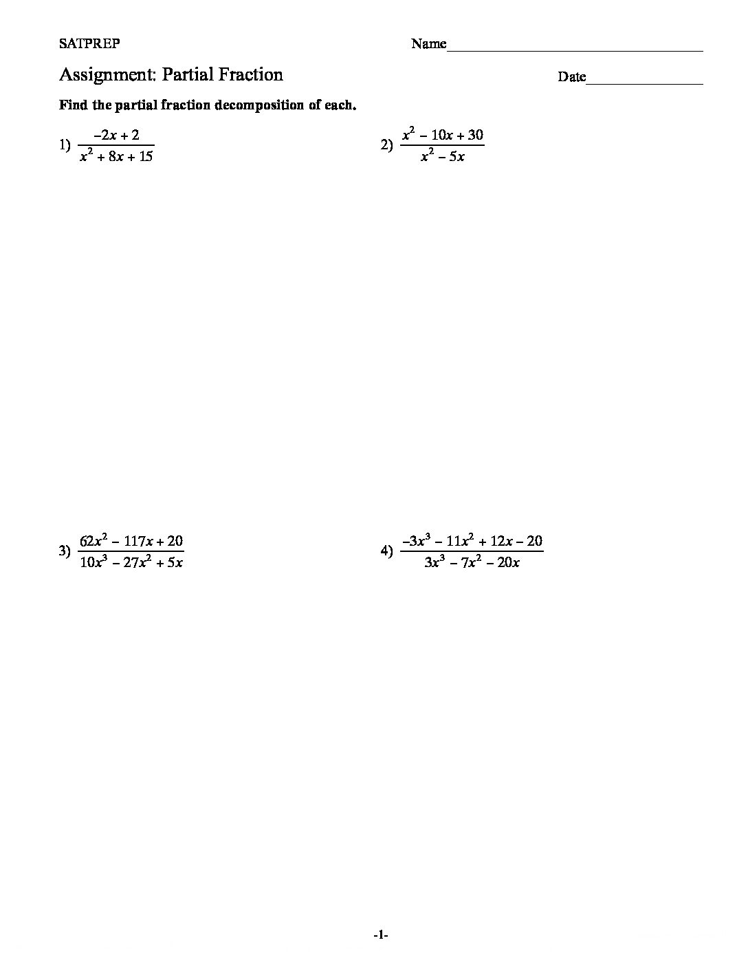 partial fraction decomposition worksheet