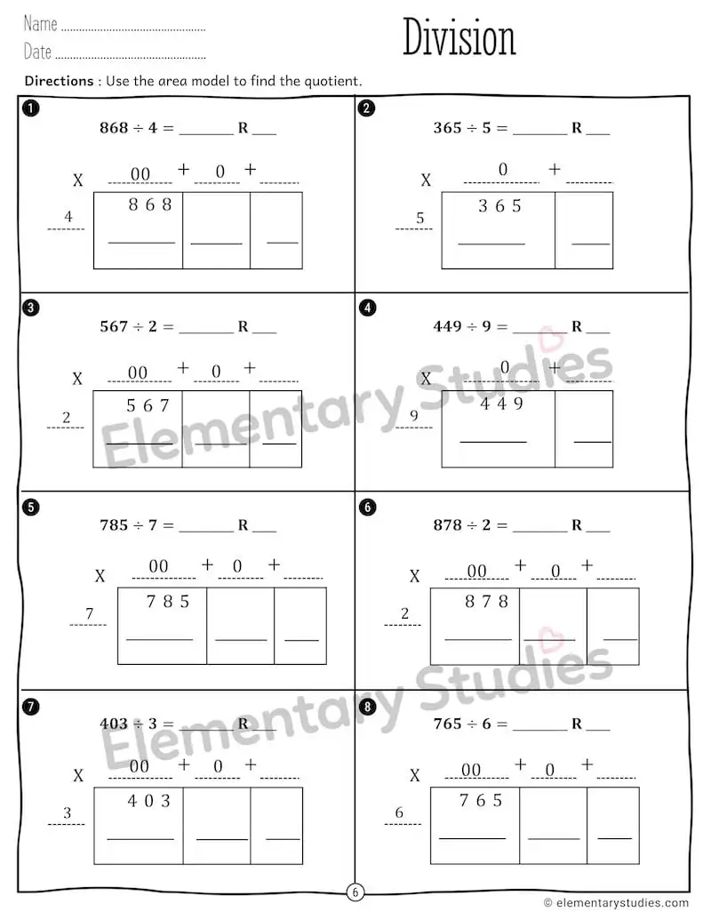 Area Model Division Worksheet Printable Art Activities