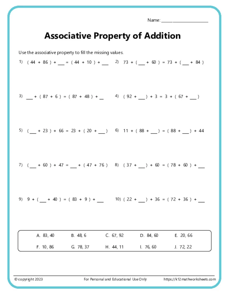 Associative Property Of Addition Worksheets K12 Math Worksheets