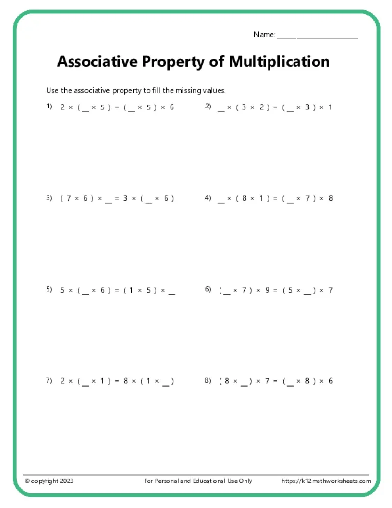 Associative Property Of Multiplication Worksheets