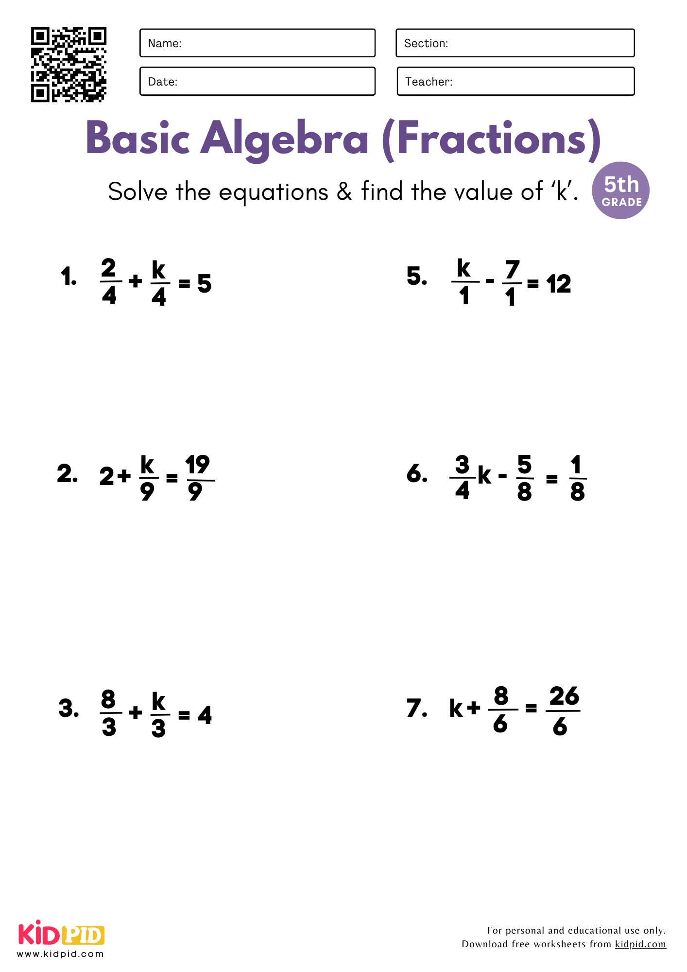 Basic Algebra With Fractions Worksheet For Grade 5 Kidpid
