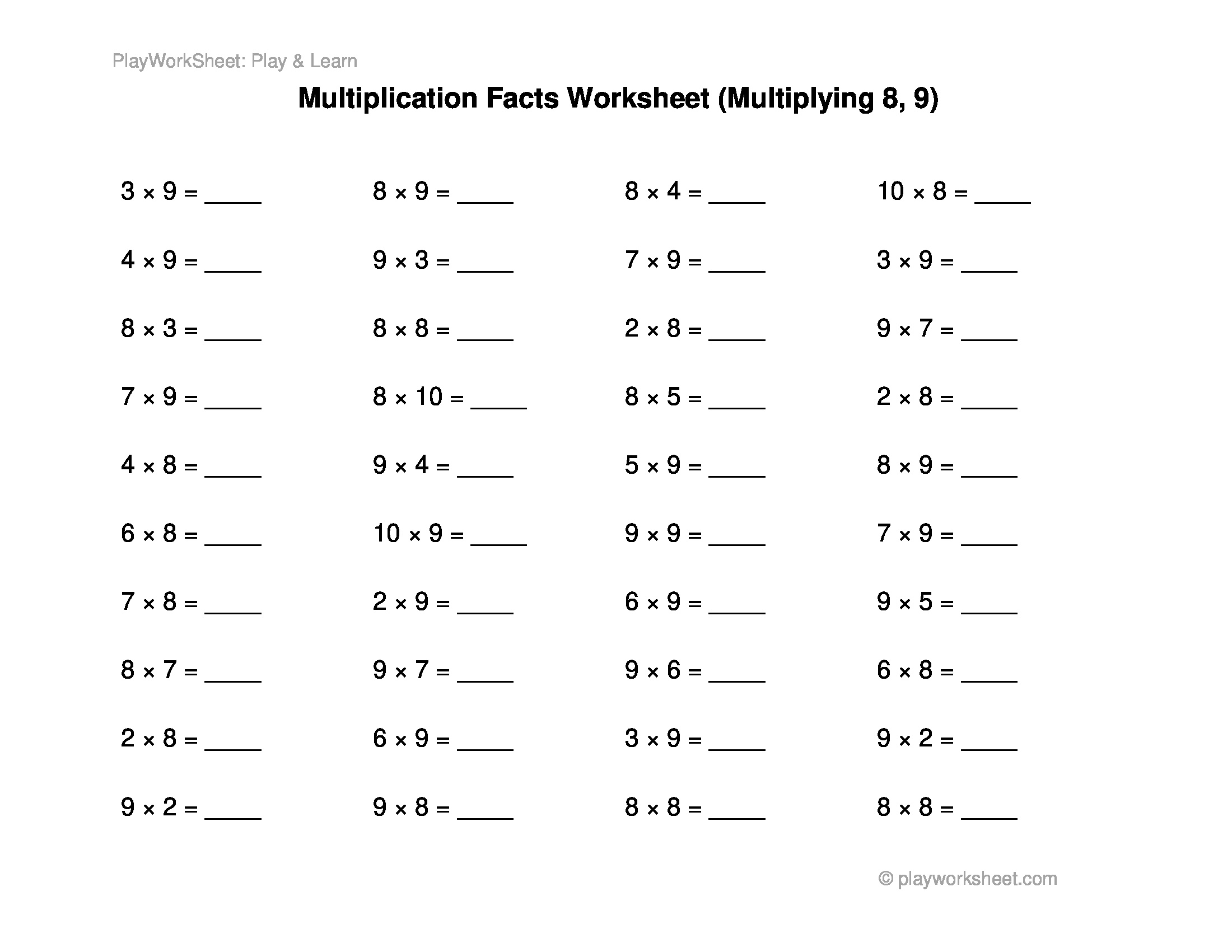 Basic Multiplication Facts Worksheet Multiplying 8 And 9 Free Printables For Kids