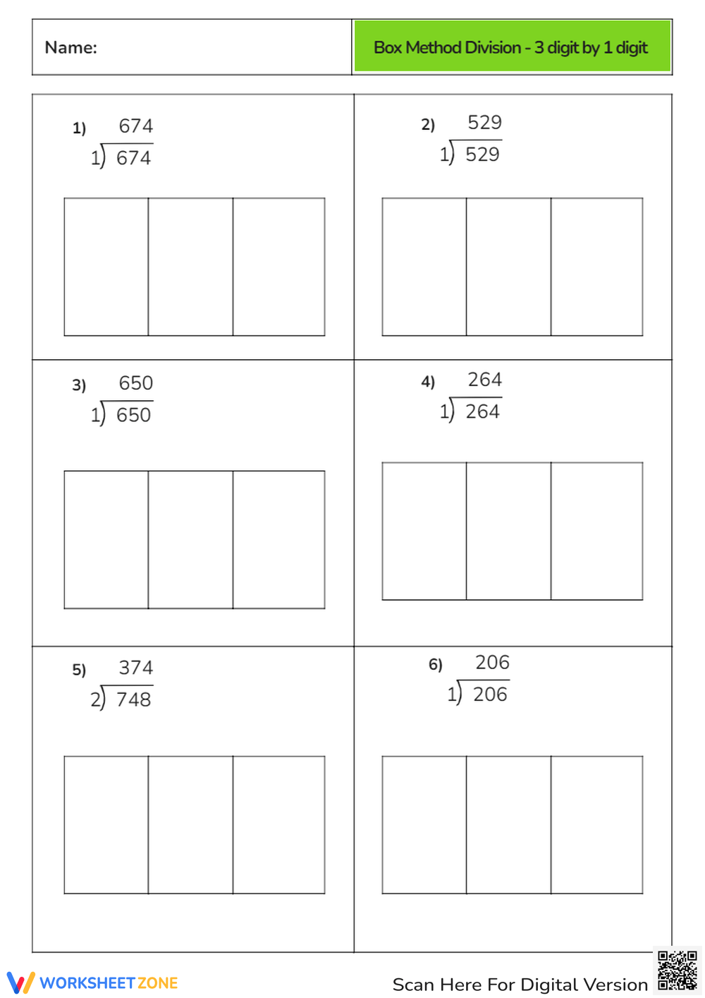 Box Method Division 3 Digit By 1 Digit Worksheet