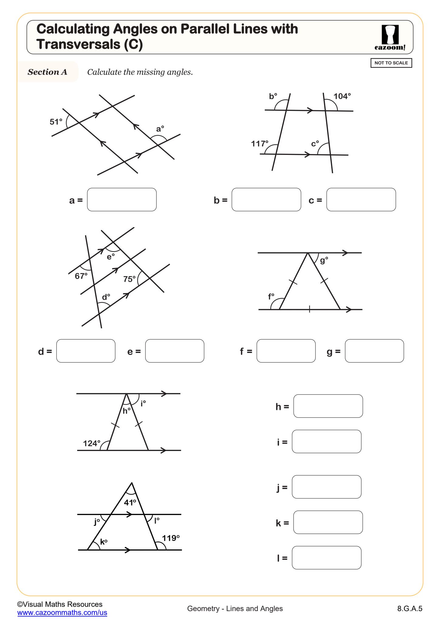 Calculating Angles On Parallel Lines With Transversals C Worksheet Fun And Engaging 8th Grade PDF Worksheets