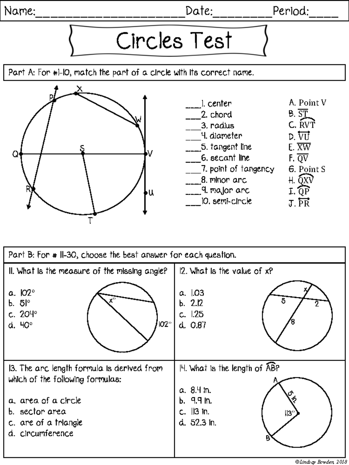 Circles Test ANSWER KEY Parts A B And C Studocu