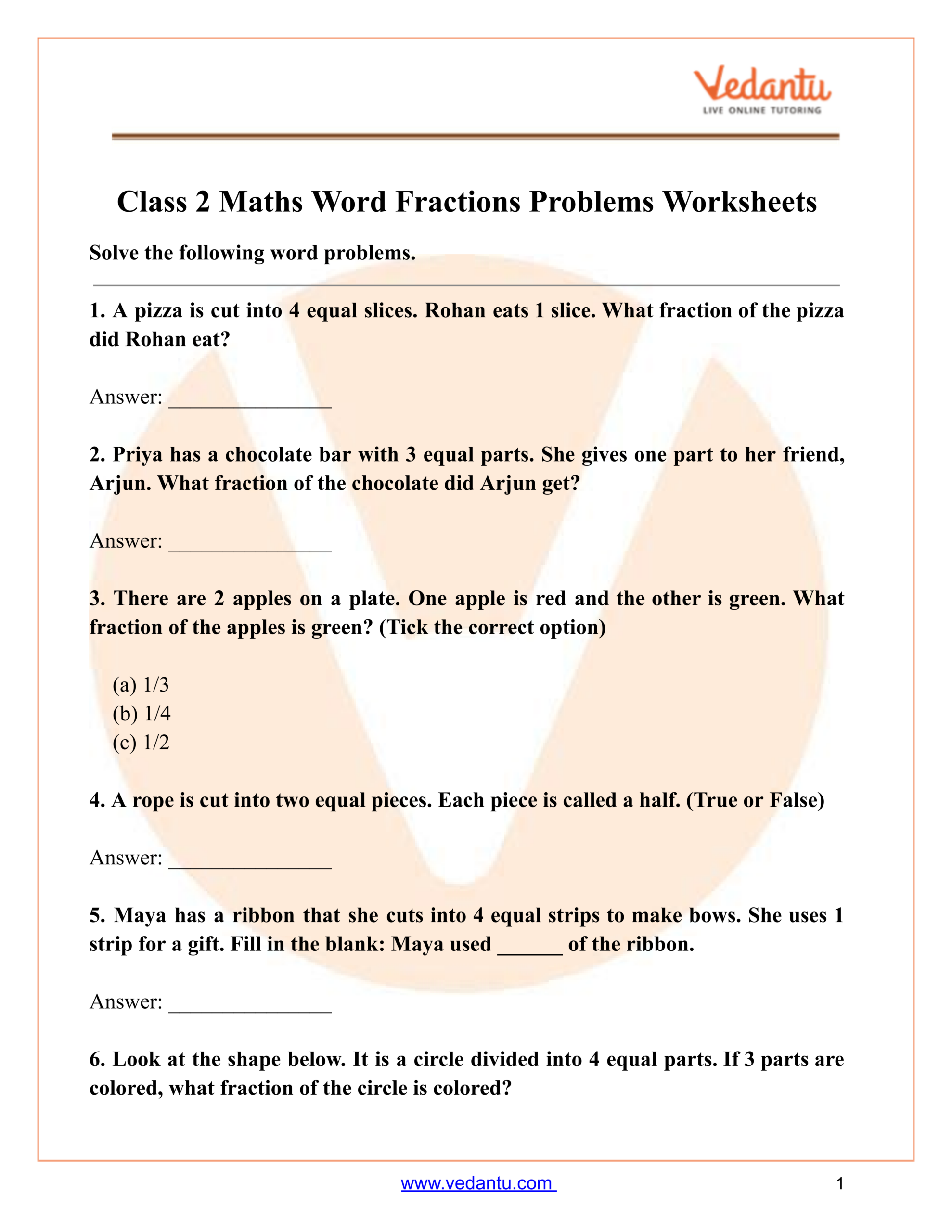 Class 2 Maths Word Fractions Problems Worksheet PDF 