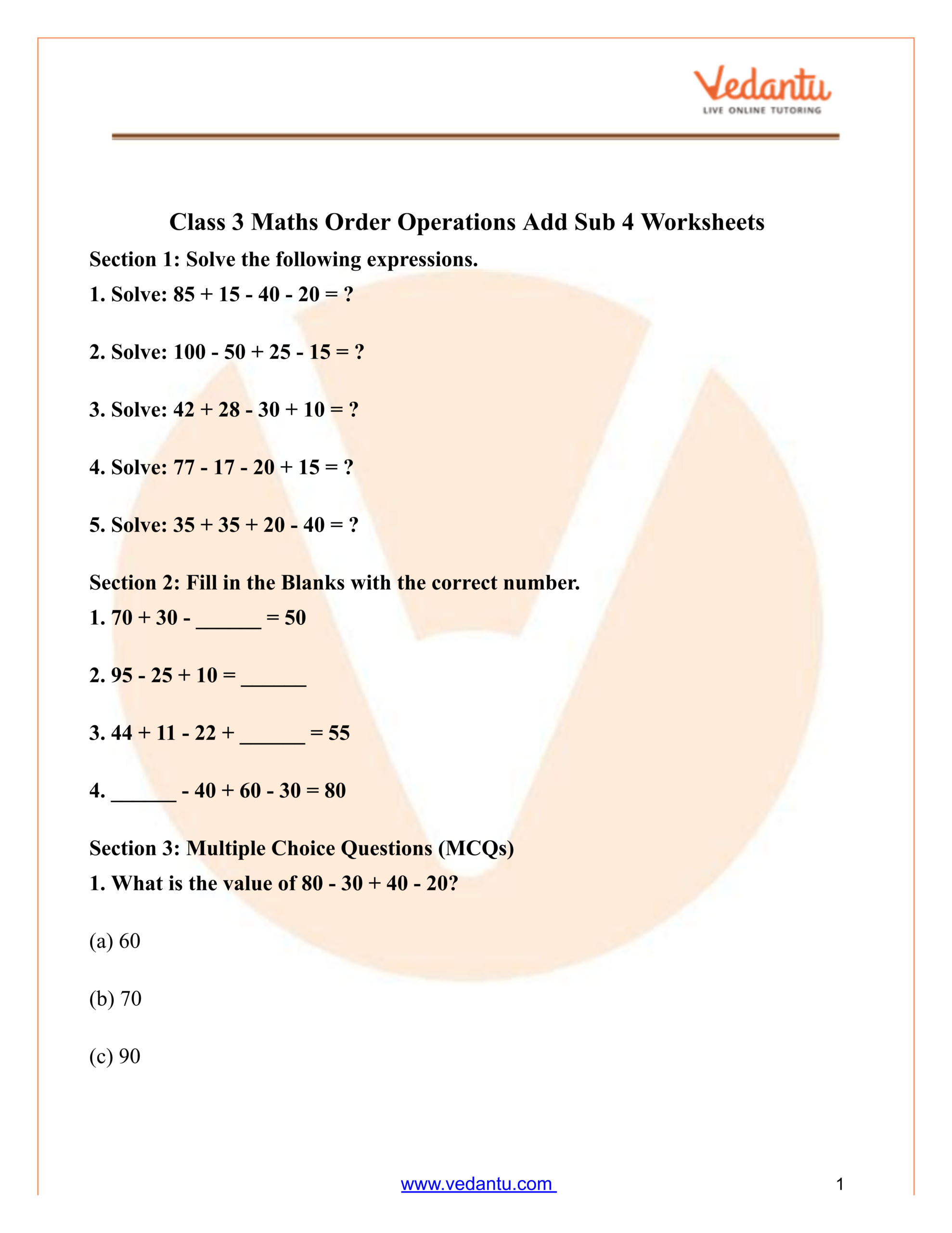 Class 3 Maths Order Of Operations Add Subtract PDF Class 3 Maths Order Of Operations Add Subtract PDF