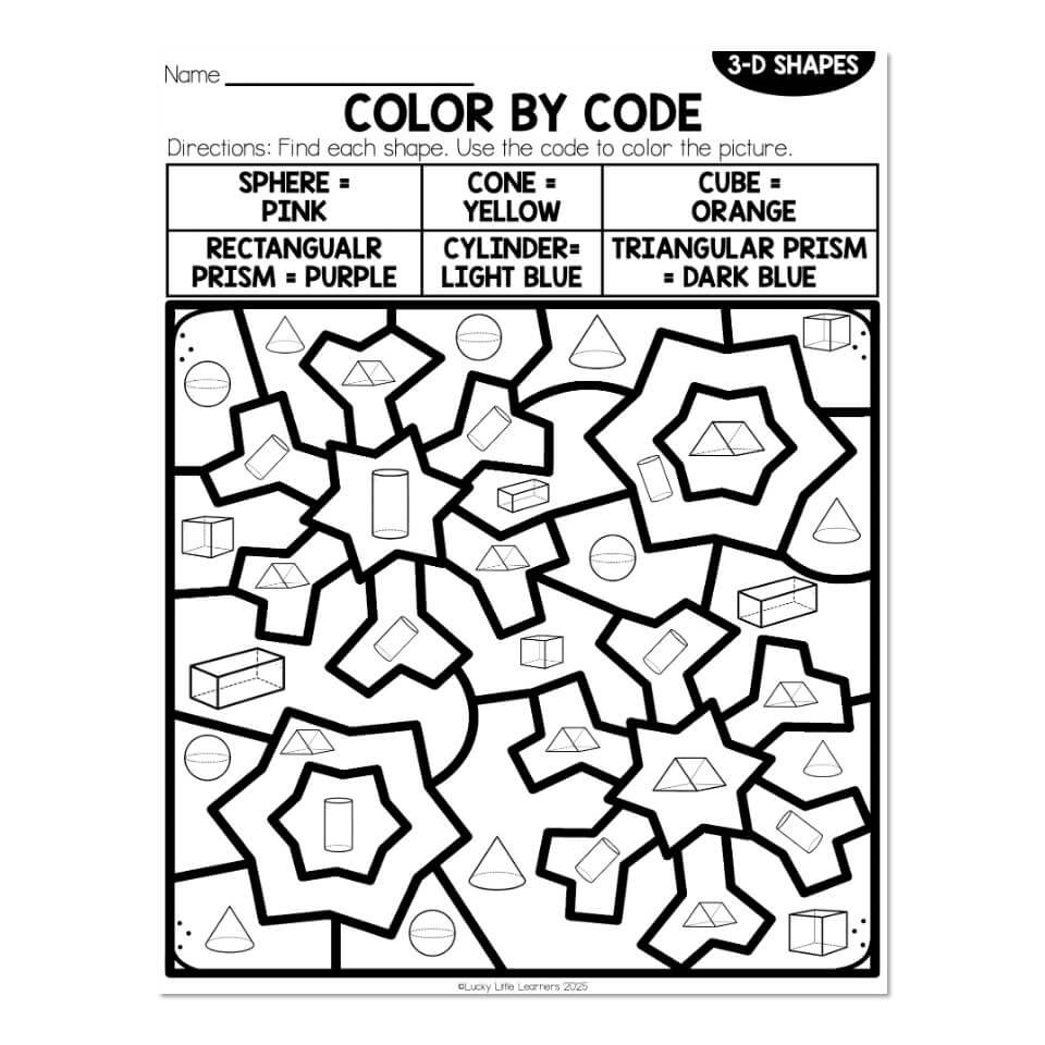 Color By Code Geometry 3D Shapes Lucky Little Learners