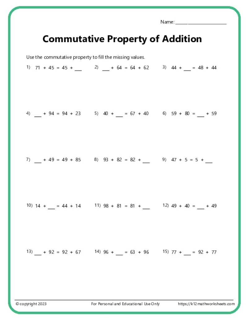 Commutative Property Of Addition Worksheets Commutative Property Of Addition Worksheets
