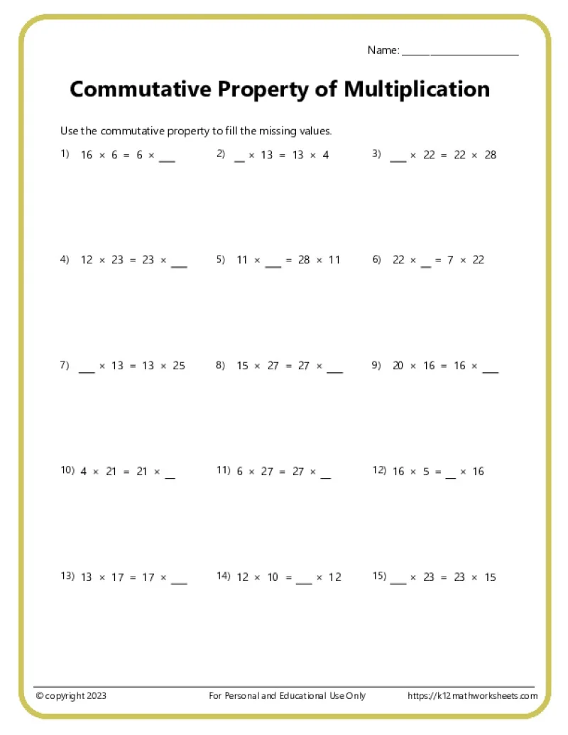 Commutative Property Of Multiplication Worksheets