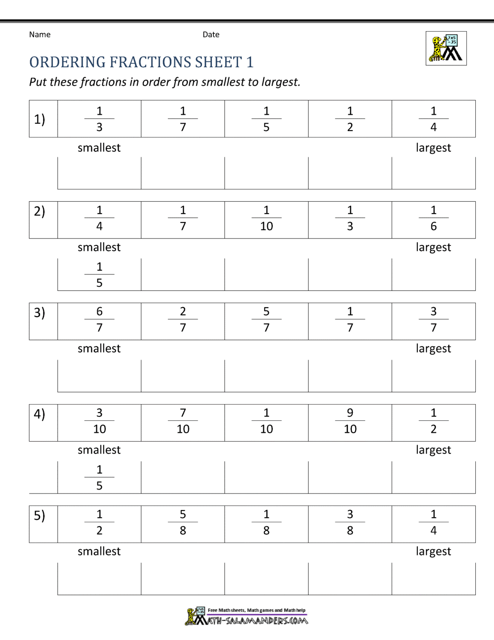 Comparing Fractions Worksheet