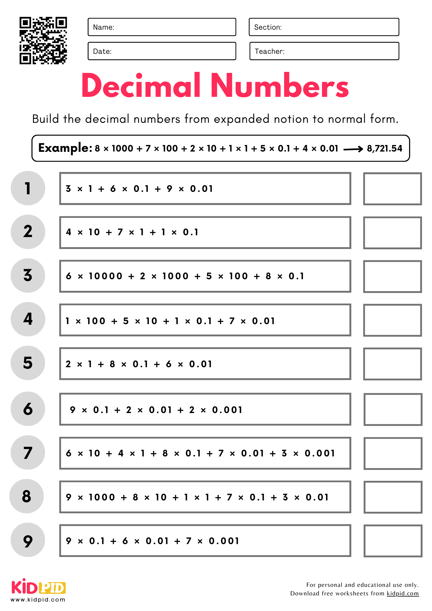 Convert Decimal Numbers Expanded Notion To Normal Form Place Value Worksheet For Grade 5 Kidpid