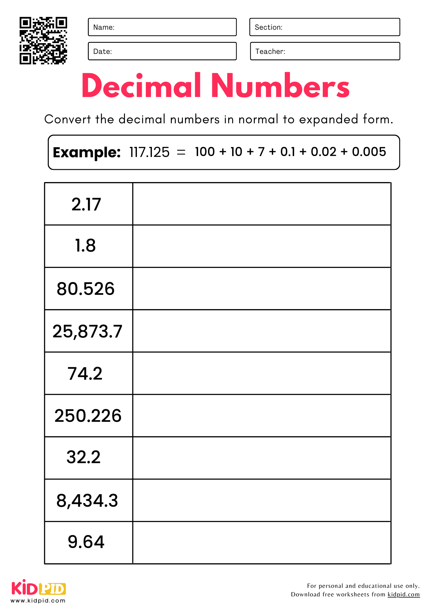 Convert Decimal Numbers Normal To Expanded Form Place Value Worksheet For Grade 5 Kidpid