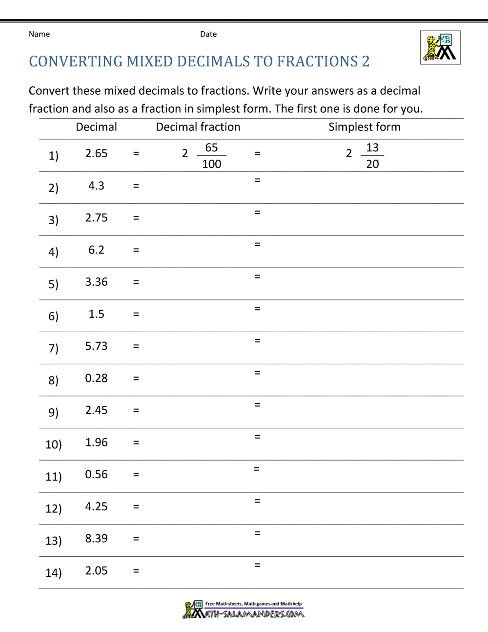 repeating decimals to fractions worksheet