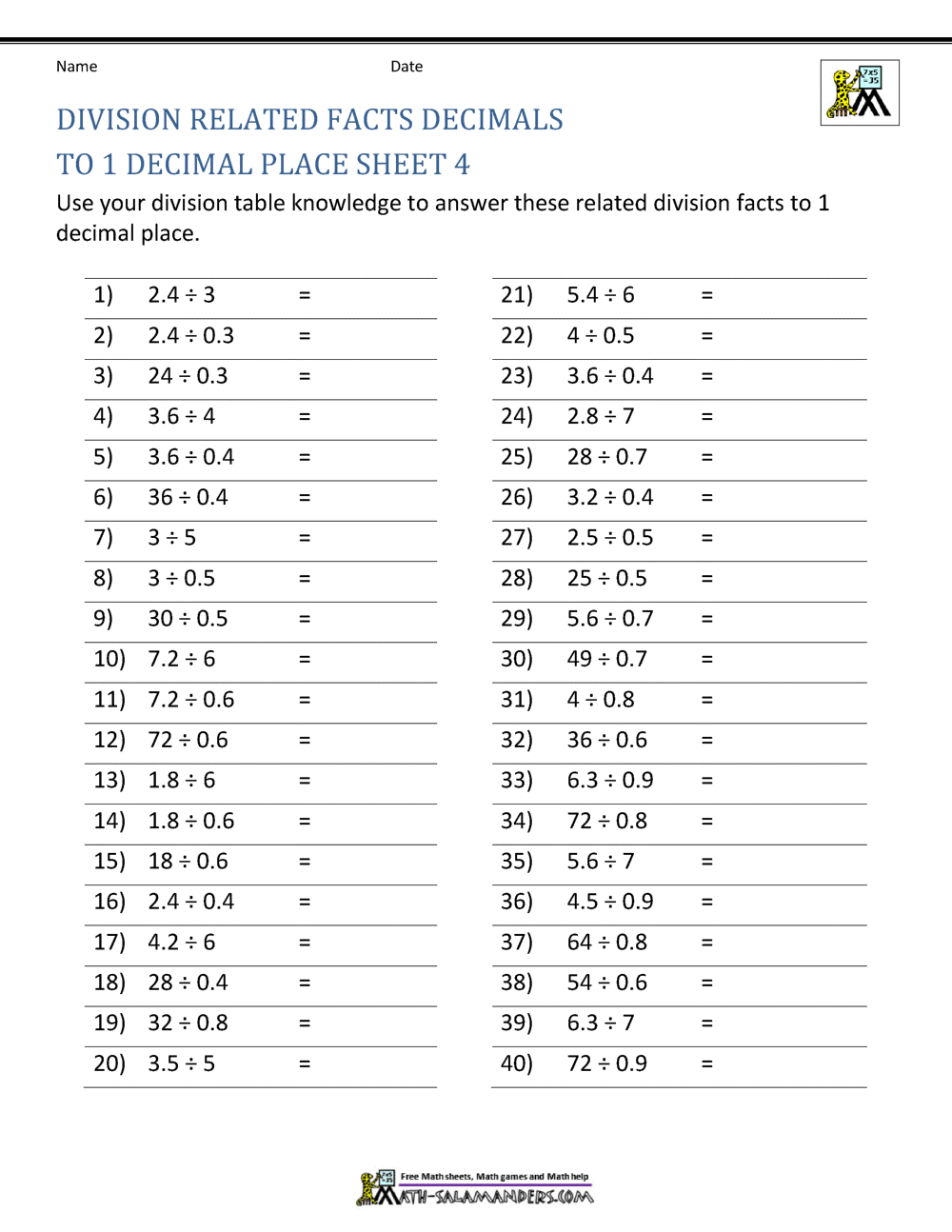 Decimal Division Worksheets