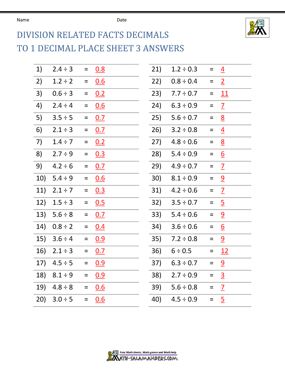 Decimal Division Worksheets