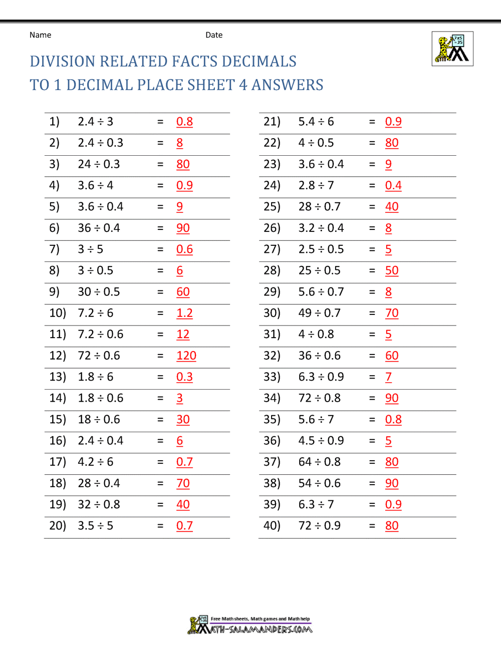 Decimal Division Worksheets Decimal Division Worksheets