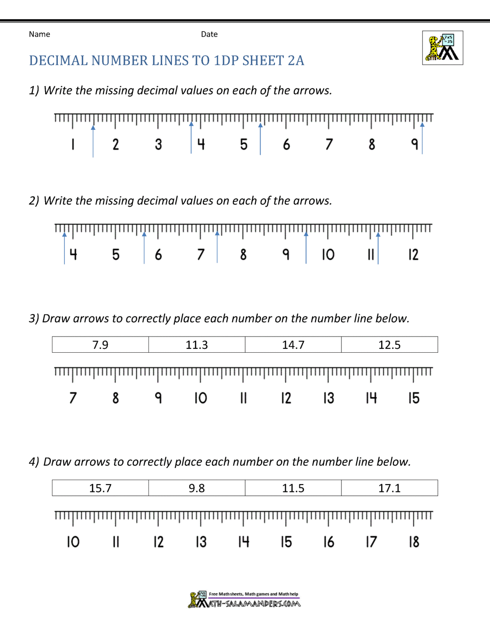 Decimal Number Line Worksheets