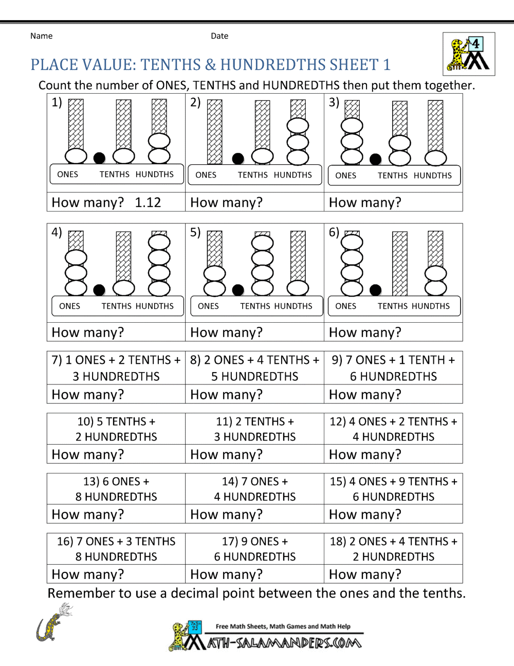 Decimal Place Value Worksheets 4th Grade