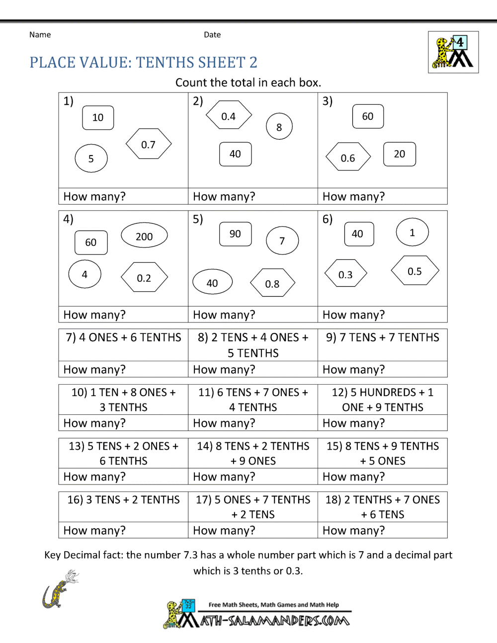 decimal place value review worksheet