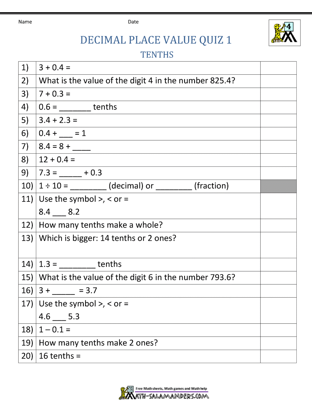 Decimal Place Value Worksheets 4th Grade Worksheets Library