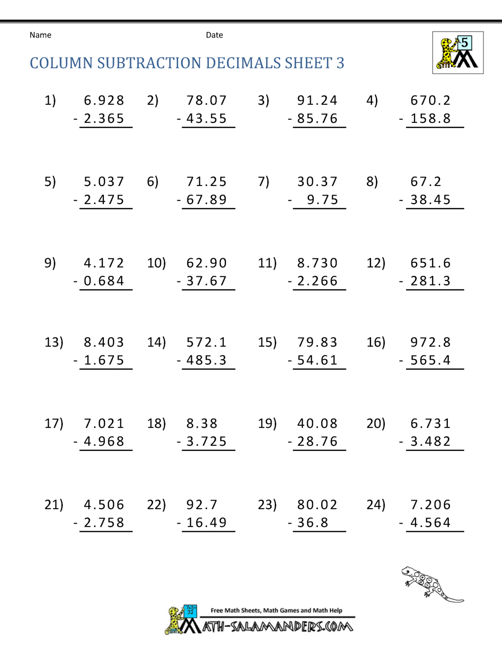 Decimal Subtraction Worksheets Decimal Subtraction Worksheets
