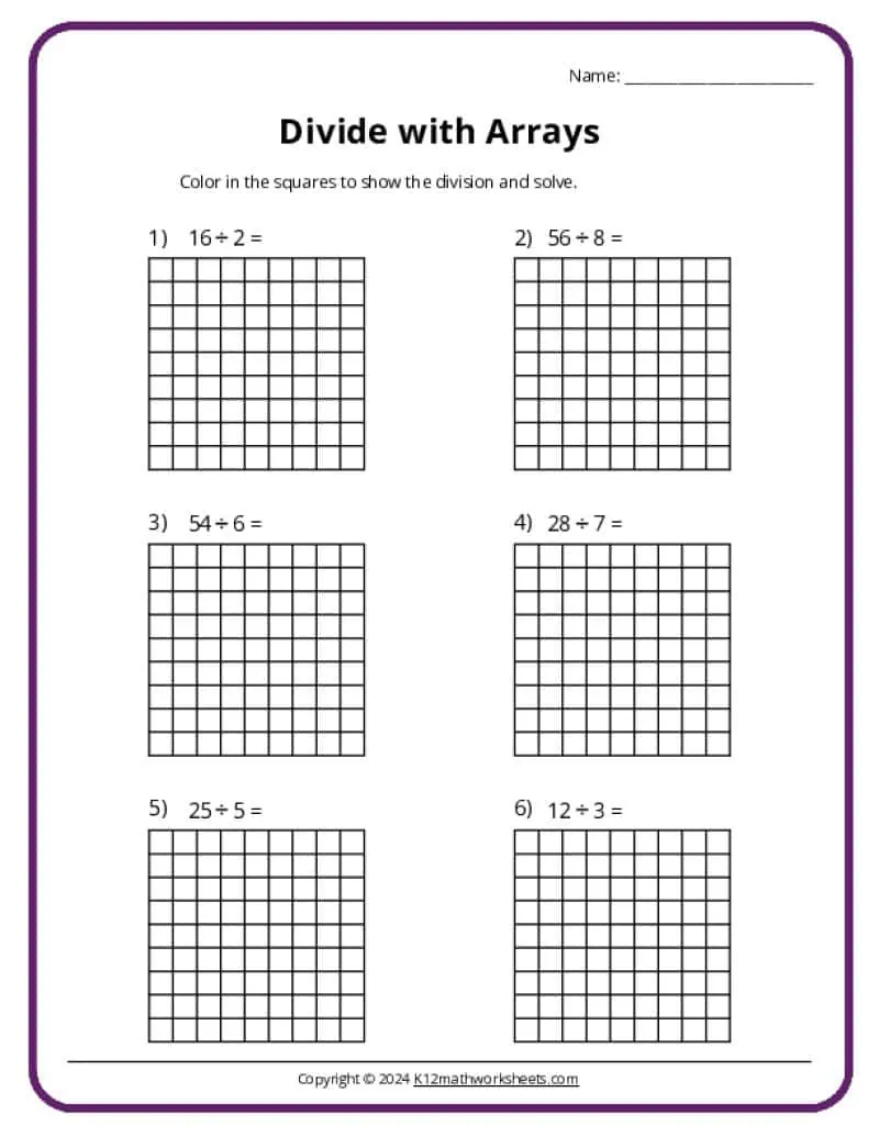 Divide With Arrays Worksheets K12 Math Worksheets