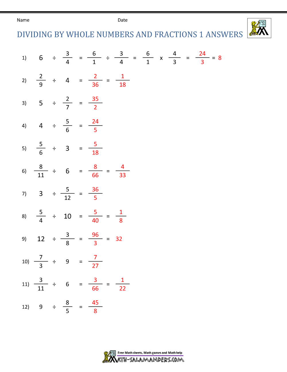 dividing fractions by whole numbers worksheet