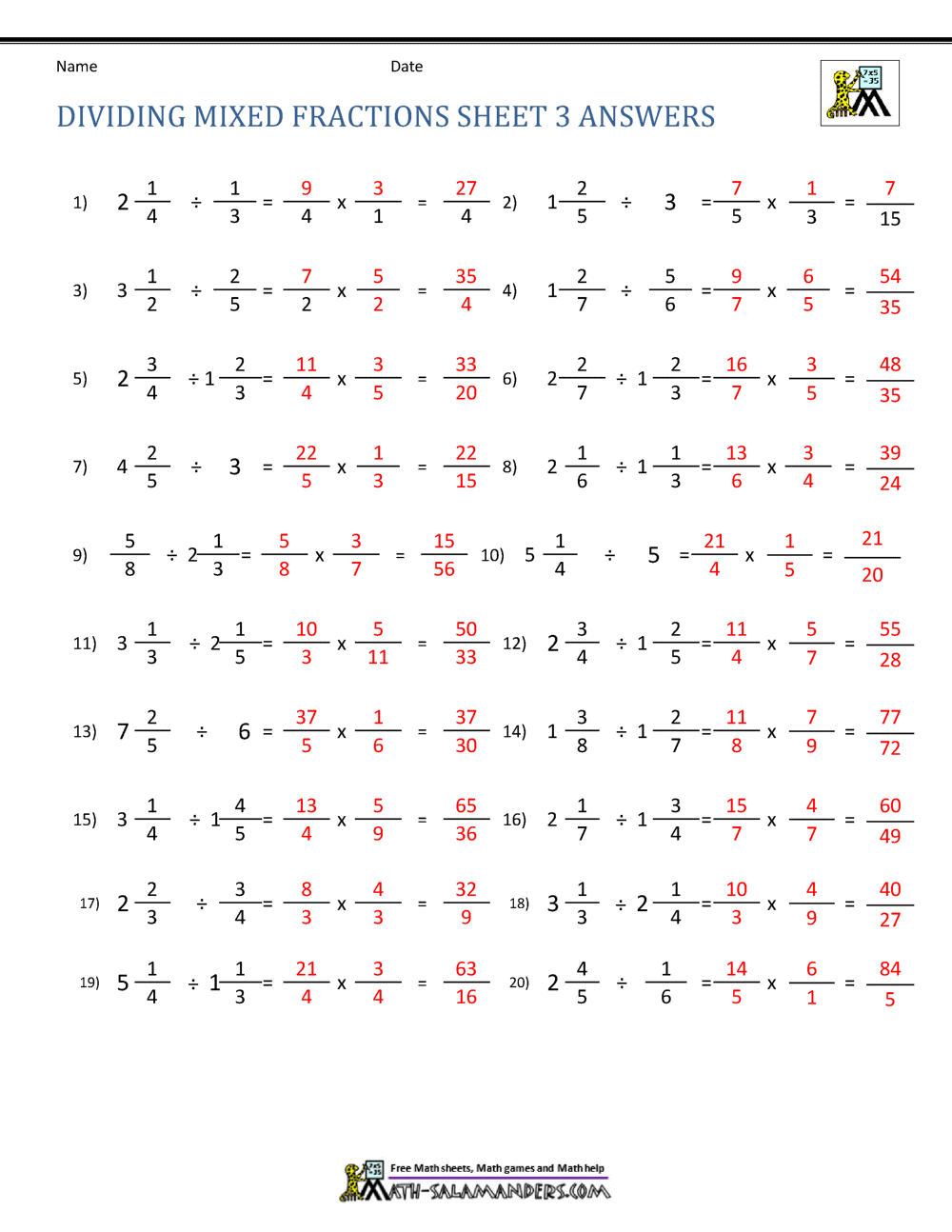 Dividing Mixed Fractions Worksheet