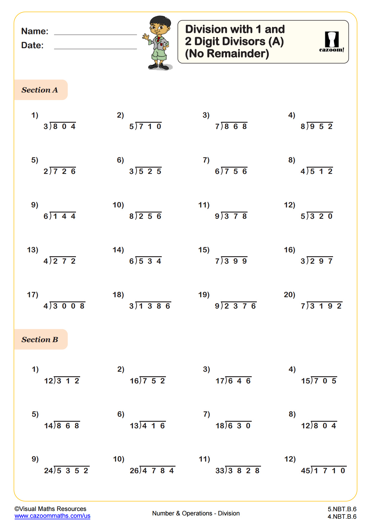 Division A No Remainders PDF Printable Number And Operations Worksheets