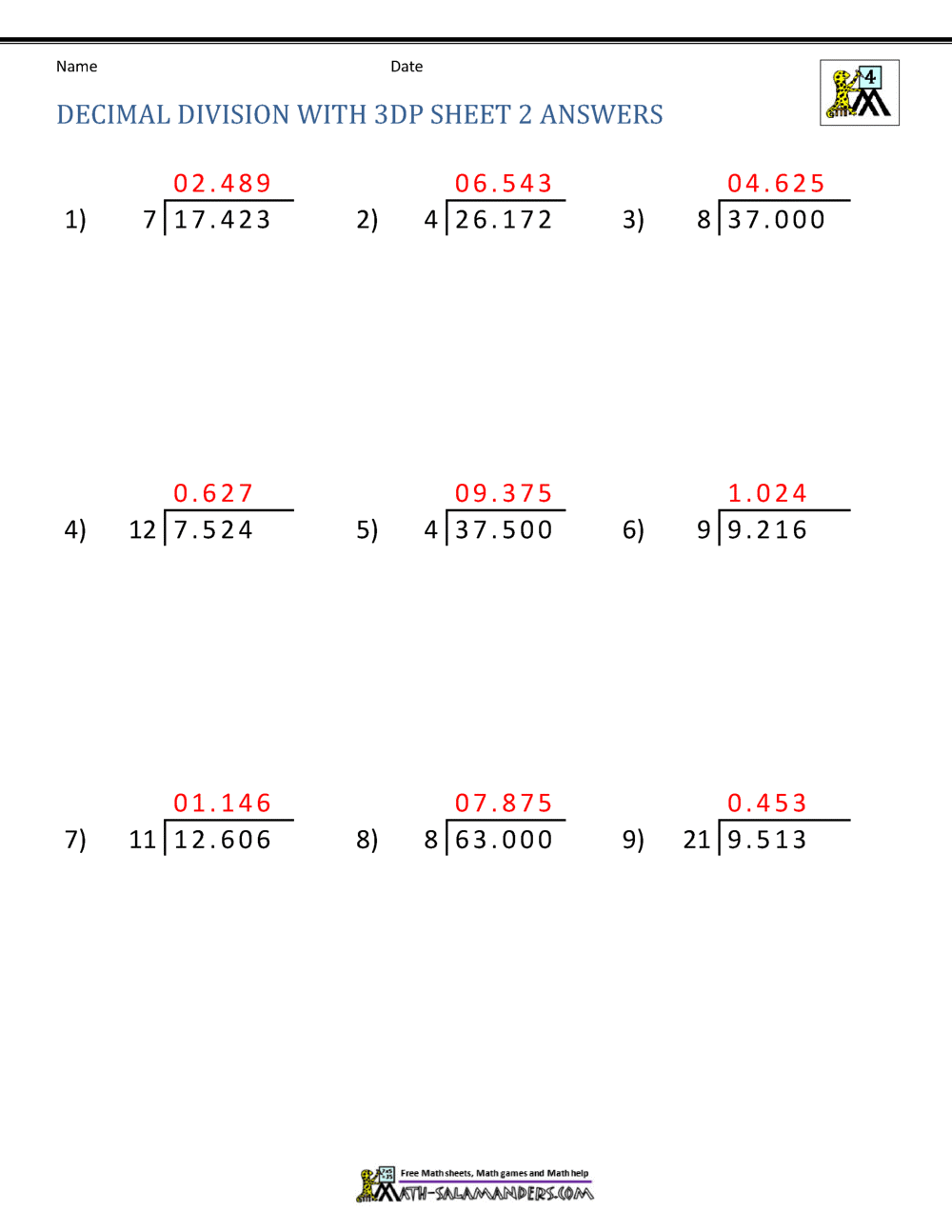 division worksheets with decimal answers