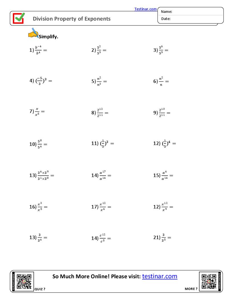 Division Property Of Exponents Worksheets Division Property Of Exponents Worksheets