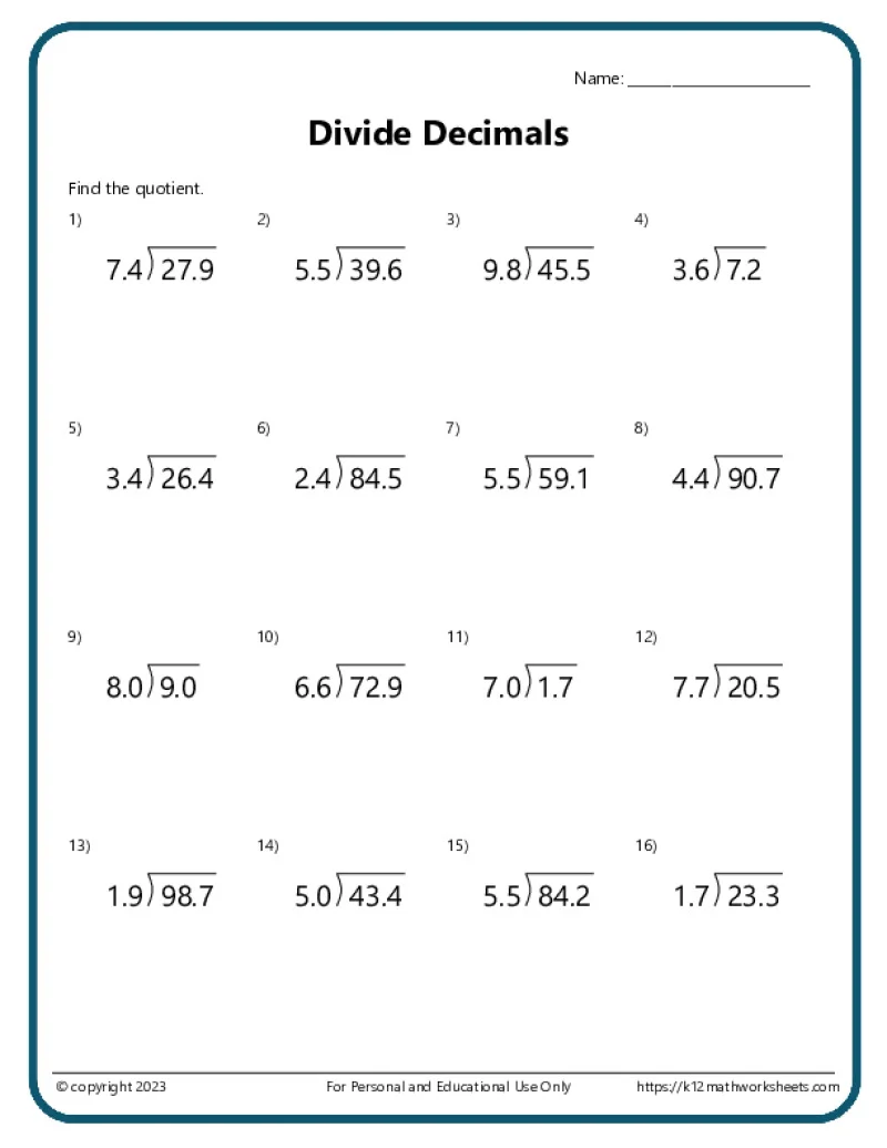 Division With Decimals Worksheets K12 Math Worksheets