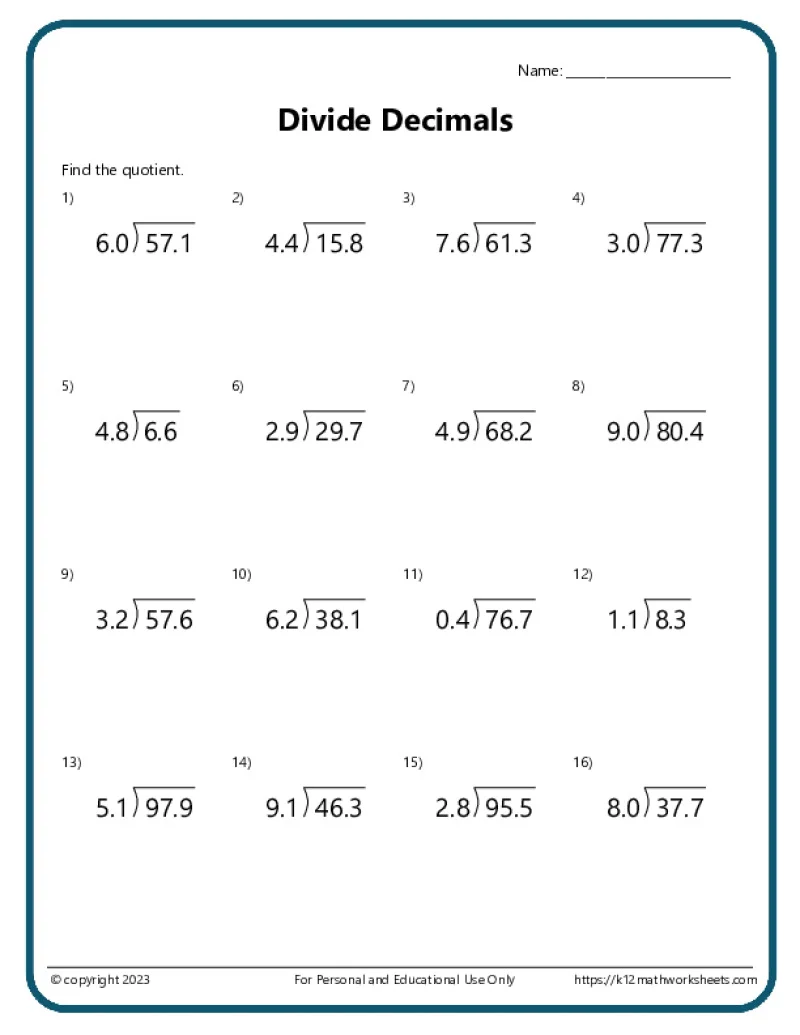 Division With Decimals Worksheets K12 Math Worksheets