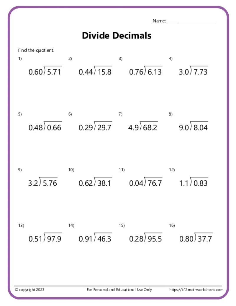 Division With Decimals Worksheets K12 Math Worksheets
