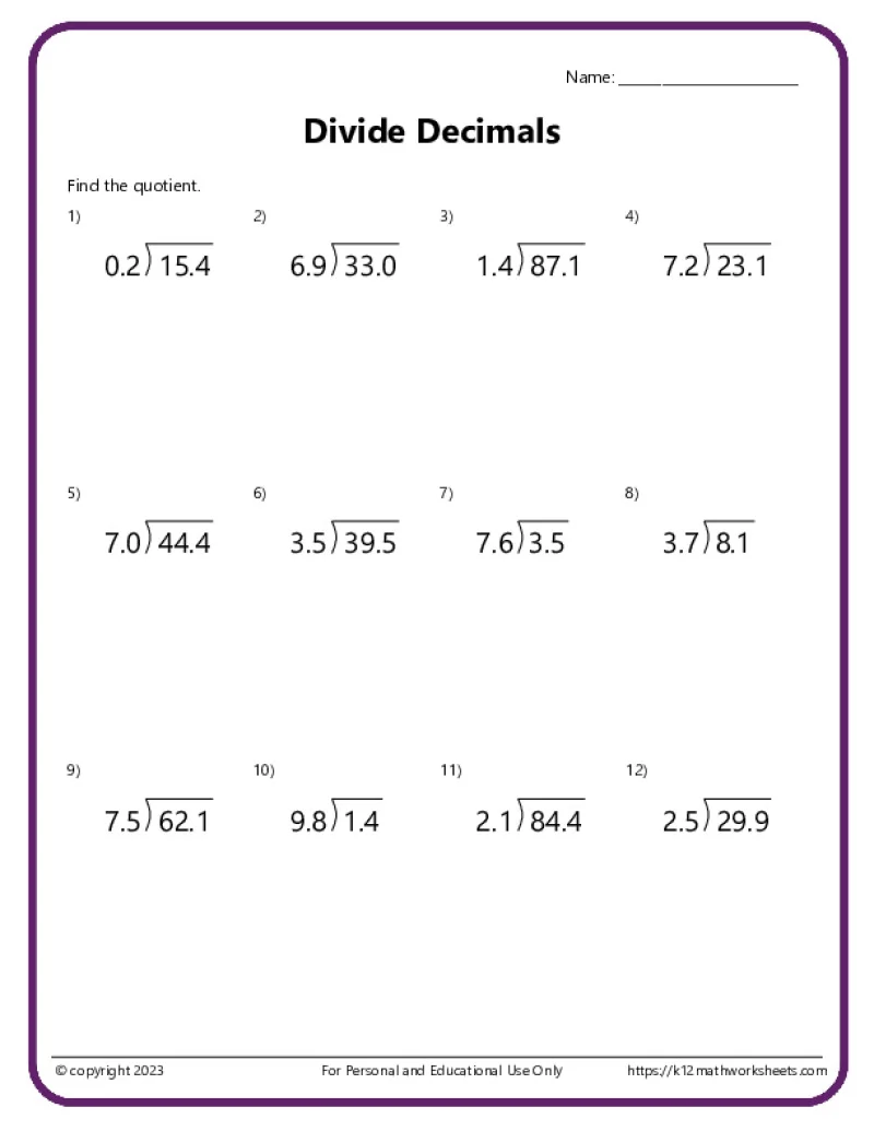 Division With Decimals Worksheets K12 Math Worksheets