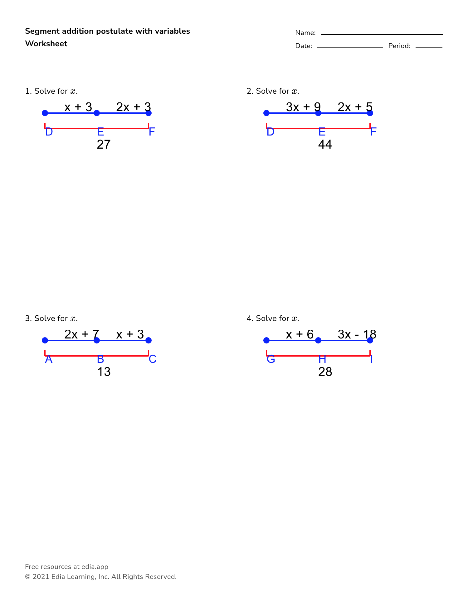 segment addition postulate worksheet