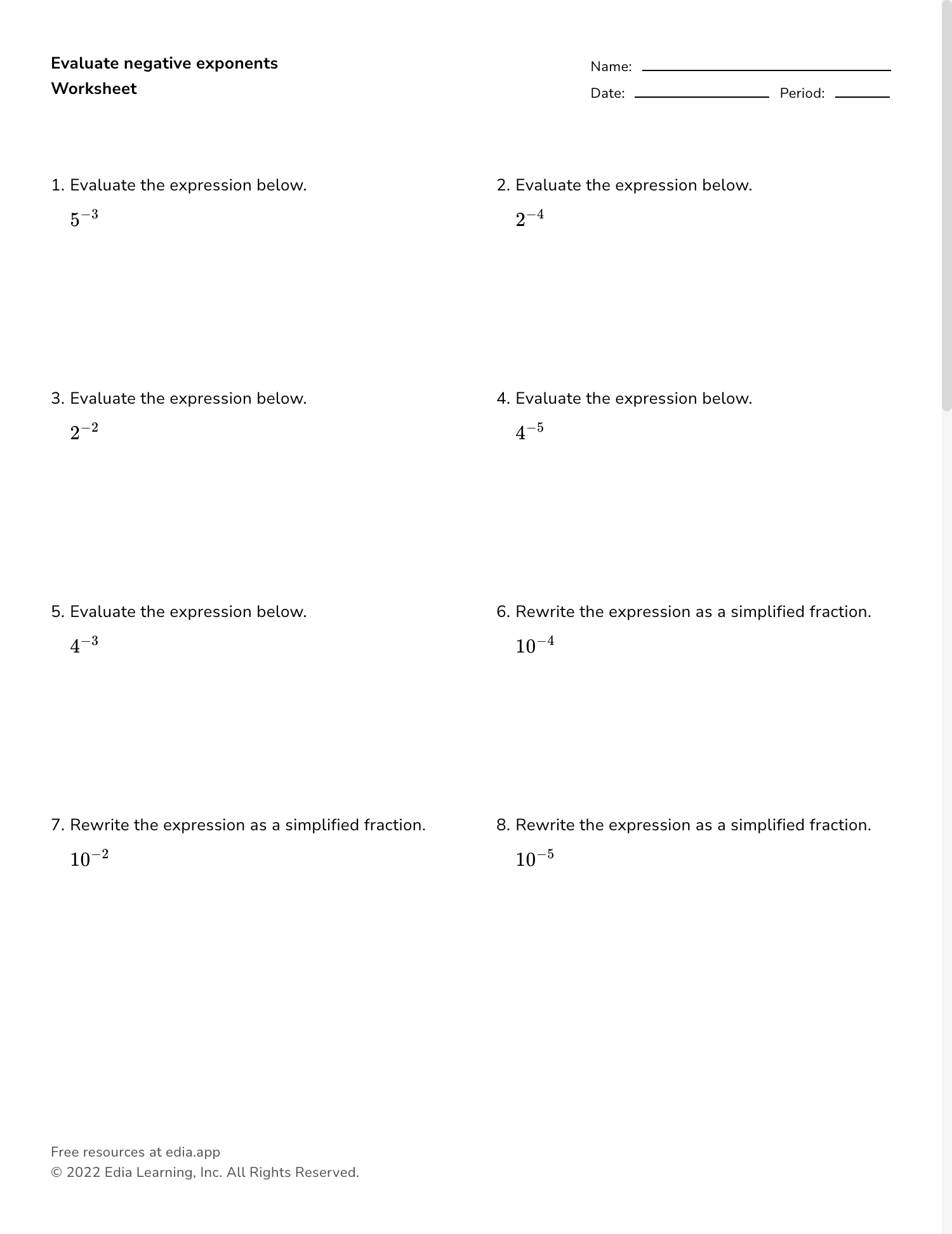 fractional exponents worksheet