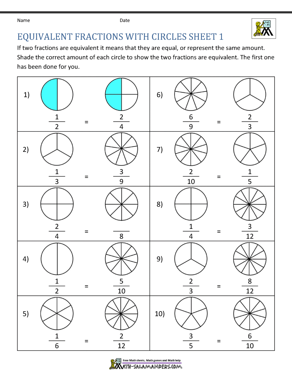 Equivalent Fractions Worksheet Equivalent Fractions Worksheet