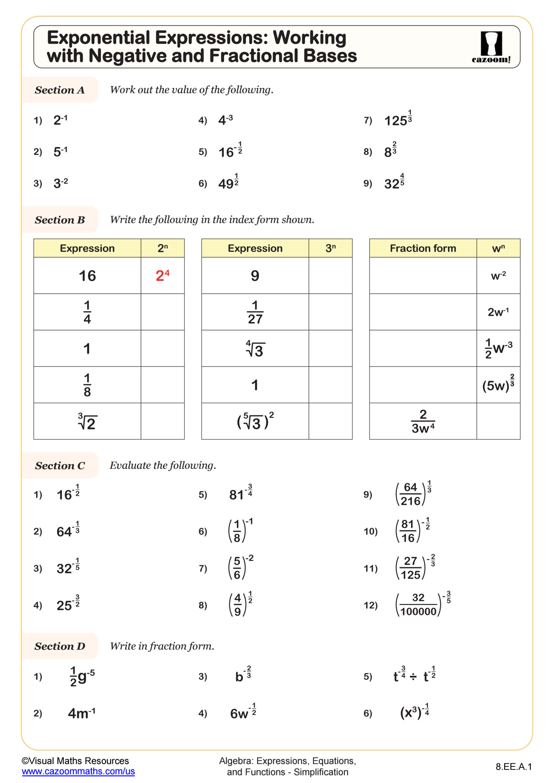 Exponential Expressions Working With Negative And Fractional Bases Worksheet 8th Grade PDF Worksheets