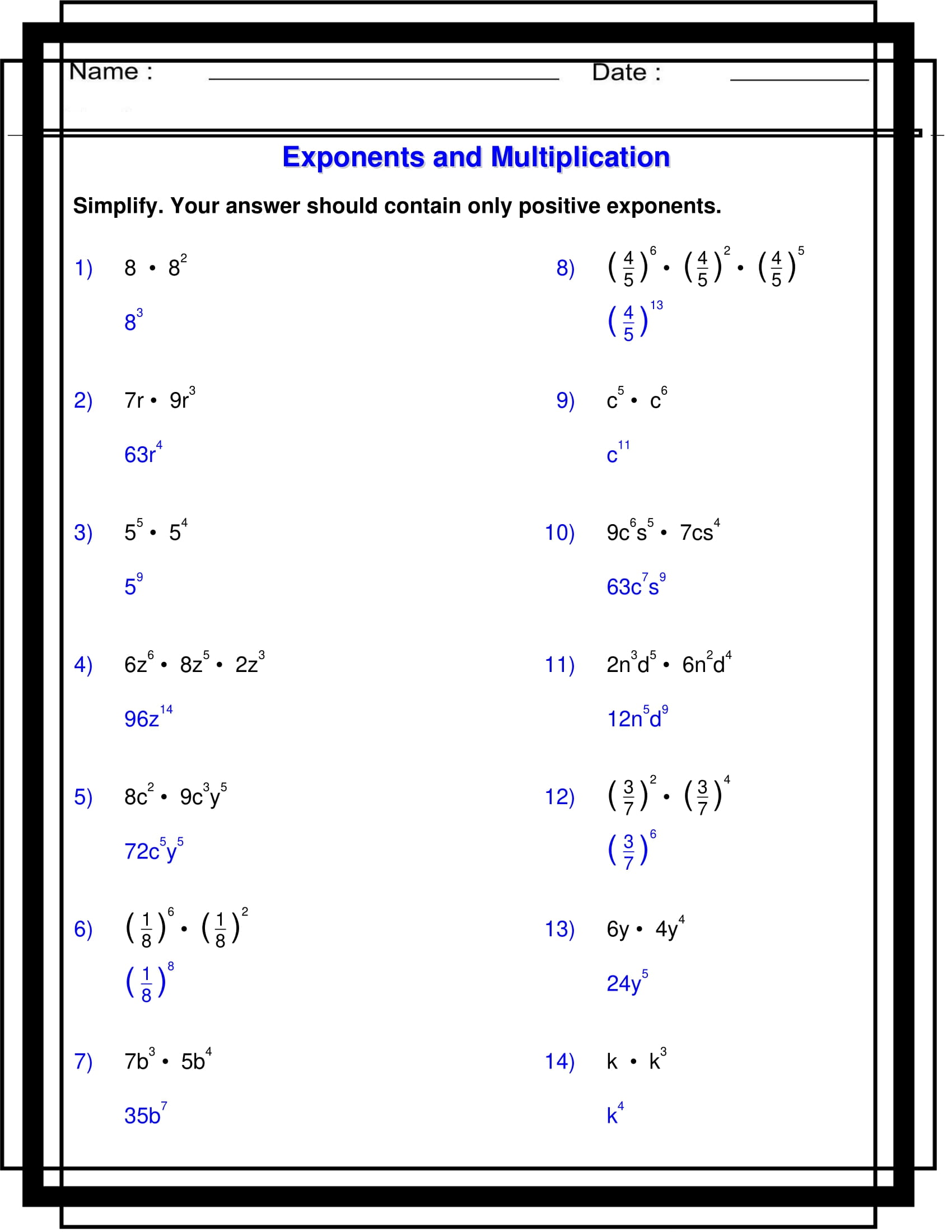 Exponents With Multiplication Algebra 1 Exponents Worksheets Made By Teachers Exponents With Multiplication Algebra 1 Exponents Worksheets Made By Teachers