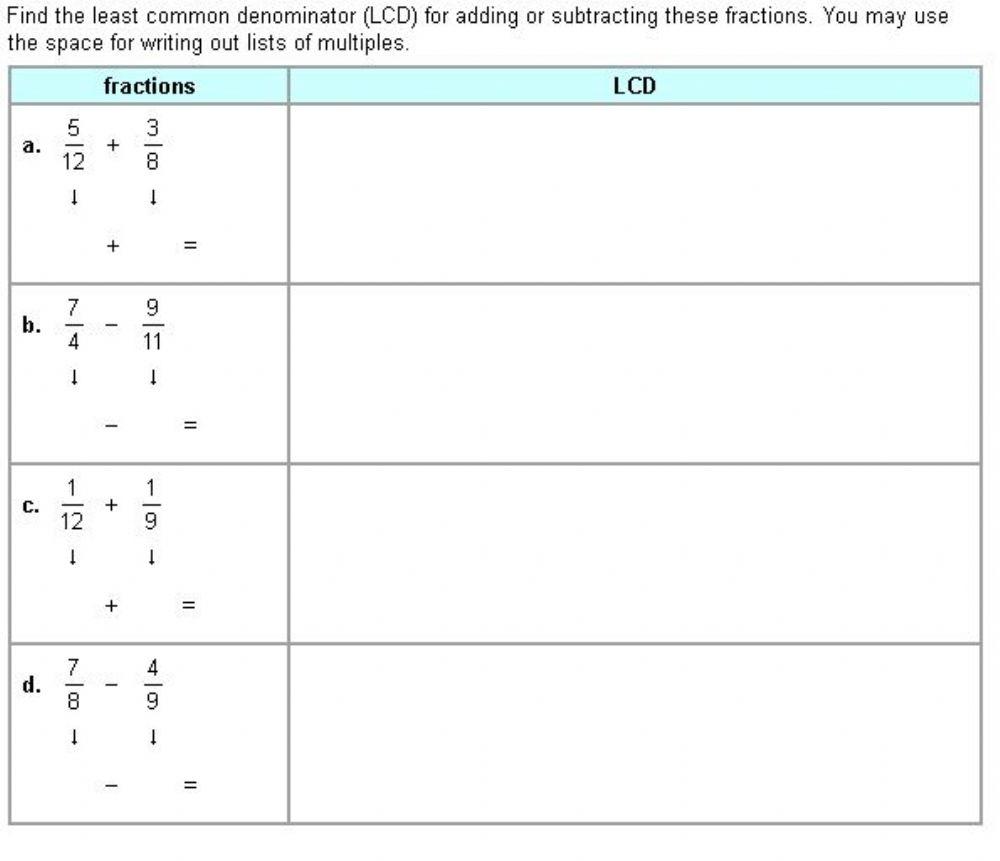 Finding Lowest Common Denominator Fractions With Unlike Worksheets Library