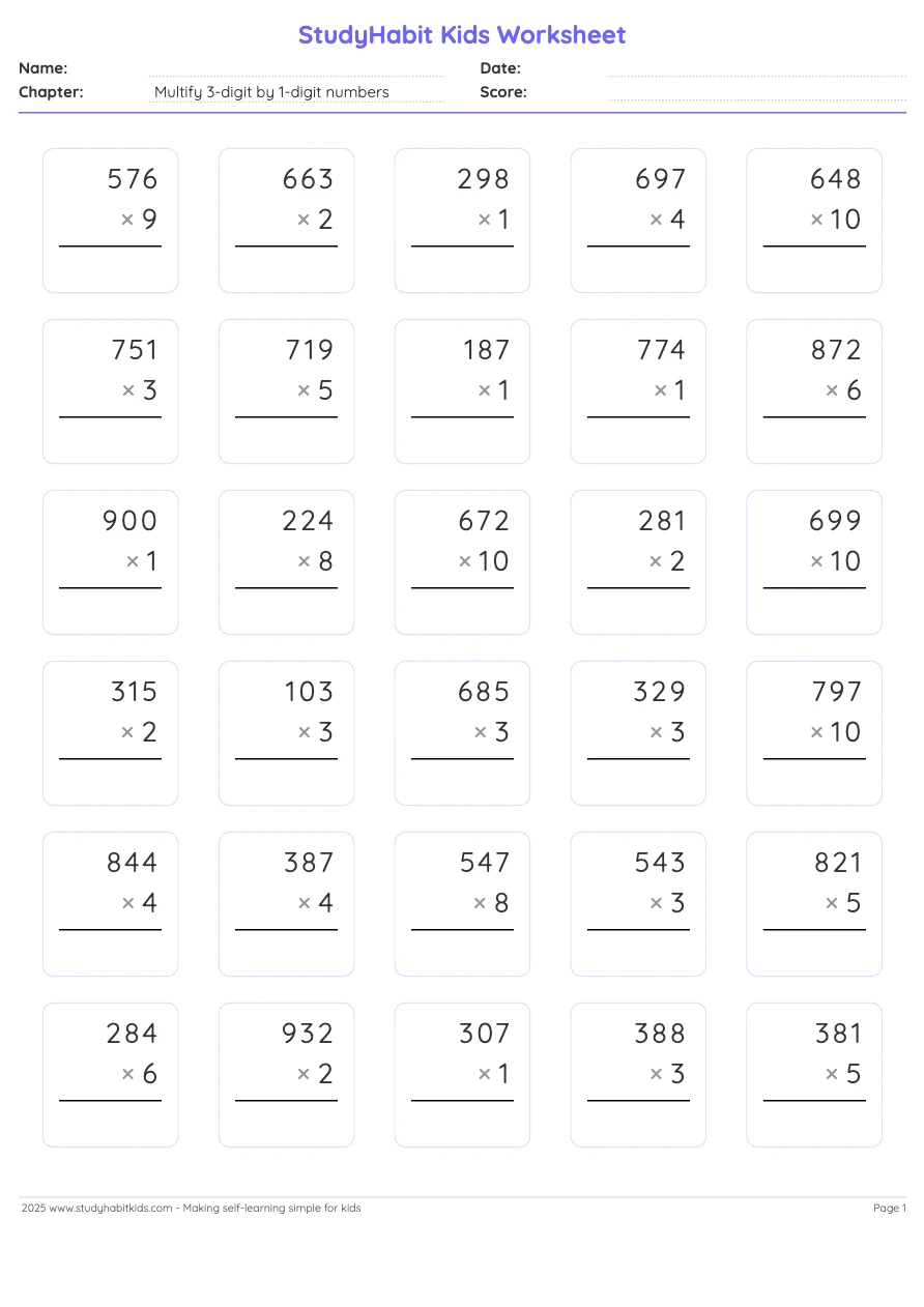 Fourth Grade Multiplication Worksheets Multify 3 digit By 1 digit Numbers
