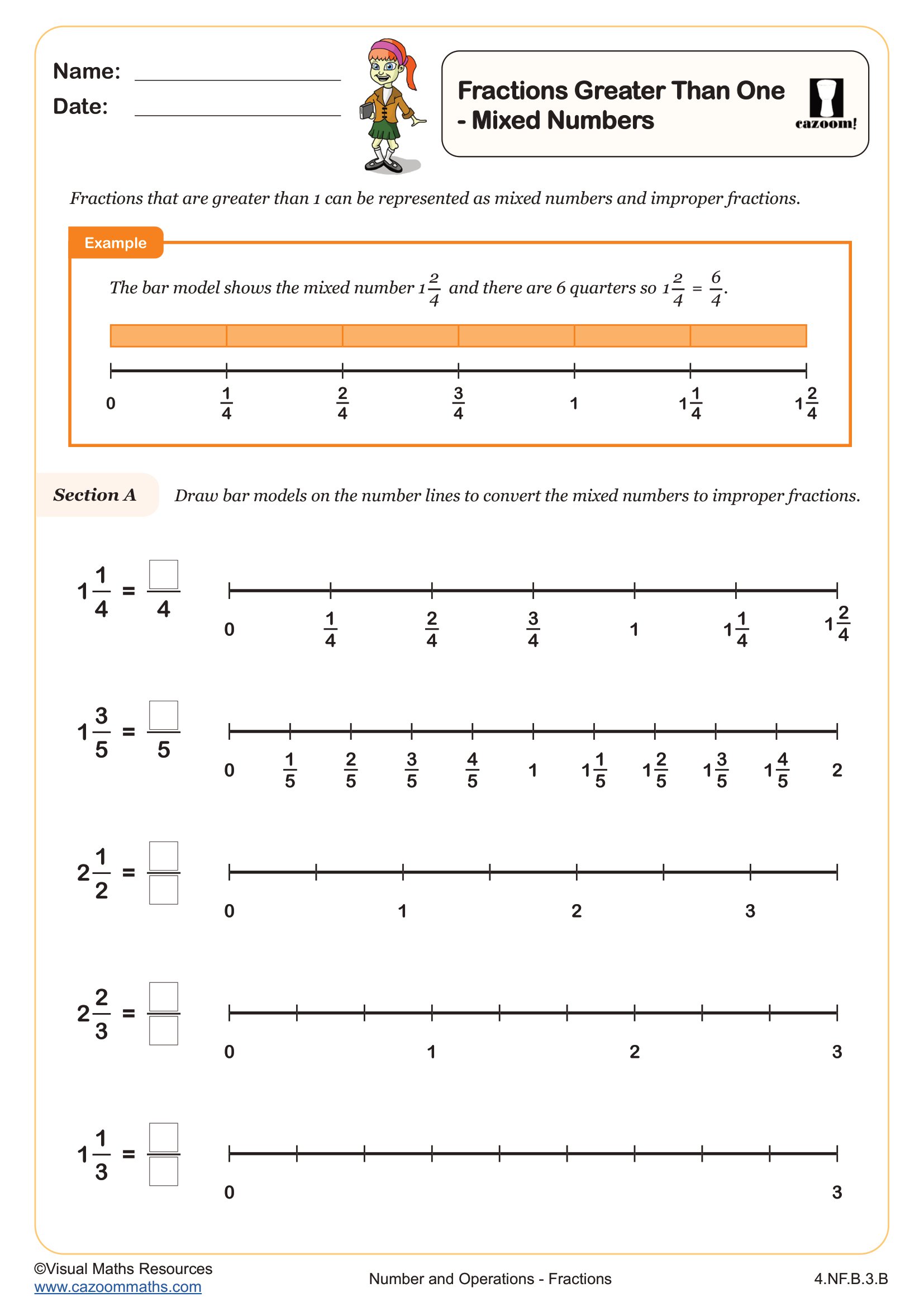 Fractions Greater Than One Mixed Numbers And Improper Fractions Worksheet Printable PDF 4th Grade Number Operations Worksheet