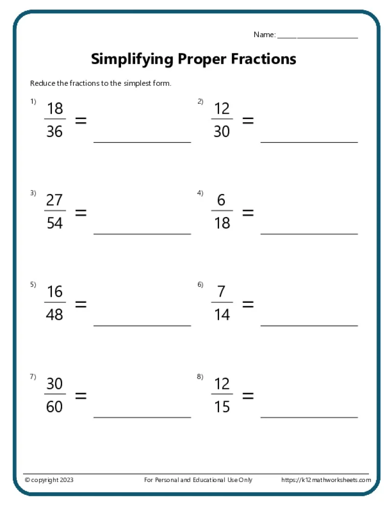 free fraction worksheets