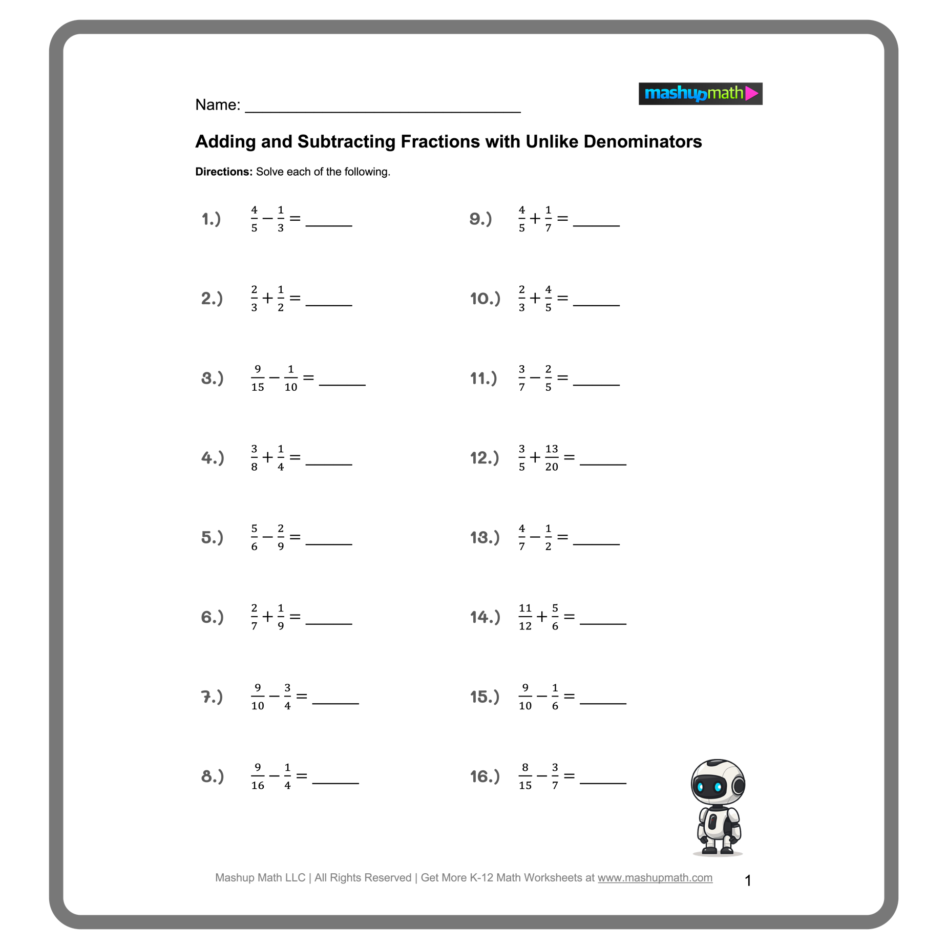 Free Adding And Subtracting Fractions Worksheets Mashup Math