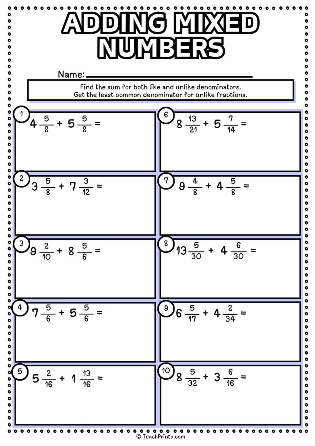 Free Adding Mixed Numbers Worksheets Teach Prints