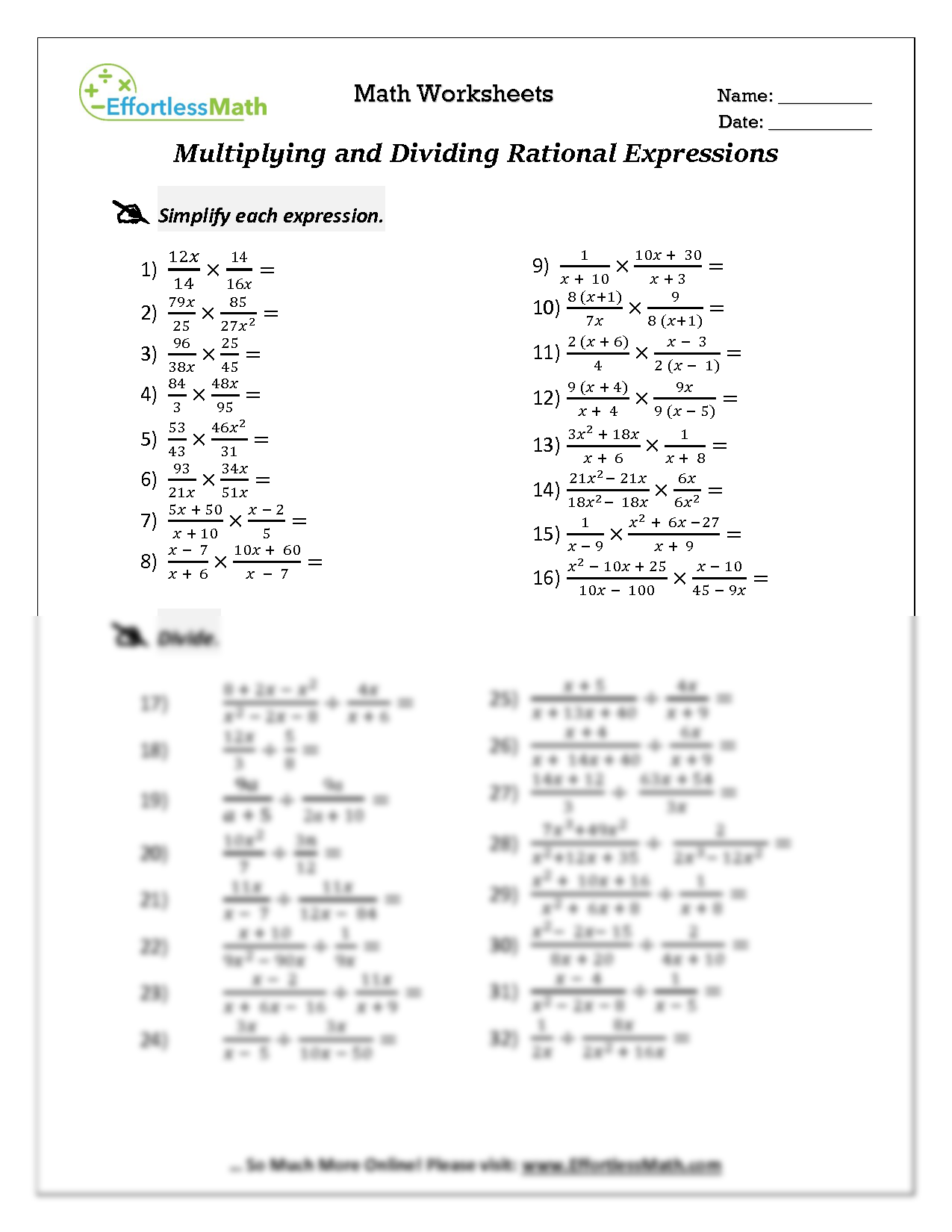 Free Algebra 2 Multiplying And Dividing Rational Expressions Worksheet Download Free Algebra 2 Multiplying And Dividing Rational Expressions Worksheet Png Images Free Worksheets On Clipart Library