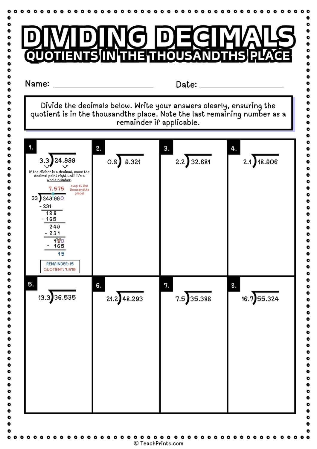 Free Dividing Decimals Worksheets Teach Prints