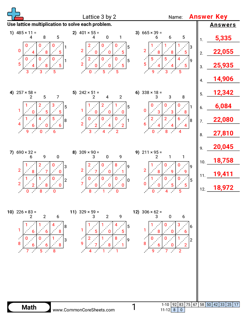 Free Lattice Multiplication Worksheets Common Core Sheets